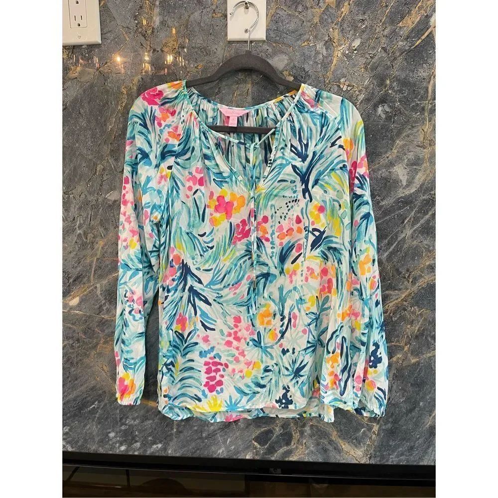 Lilly Pulitzer Womens Multicolor Floral Drawstring Tunic Blouse Size Small